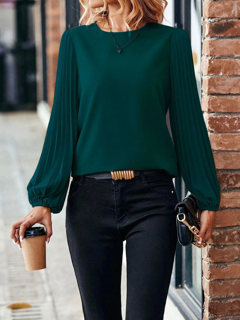 Pleated Round Neck Blouse – Elegant Long Sleeve Office Top