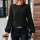 Pleated Round Neck Blouse – Elegant Long Sleeve Office Top