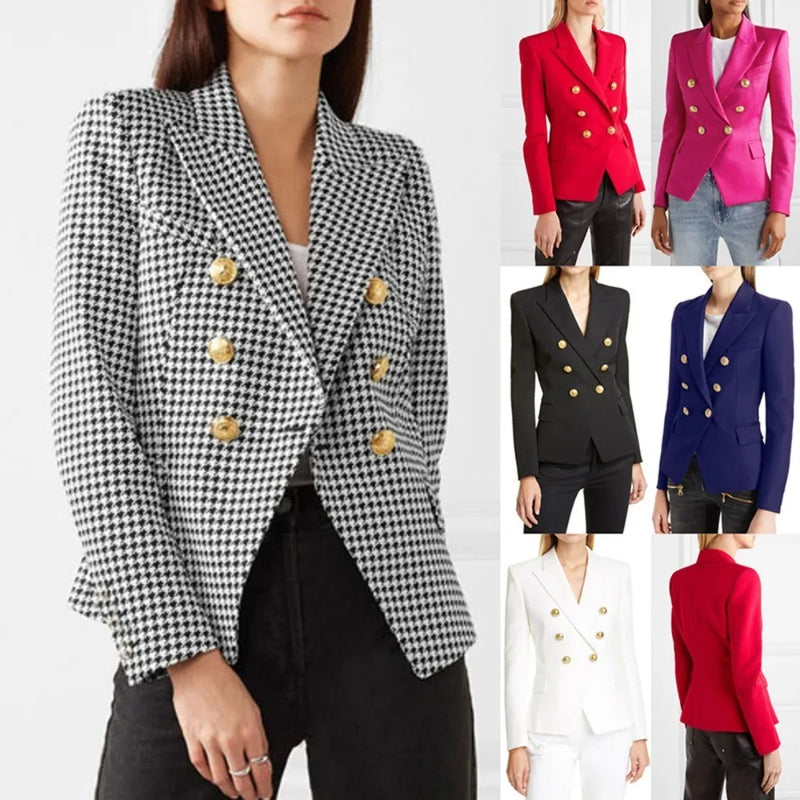 White Plaid Blazer with Metal Button Detail