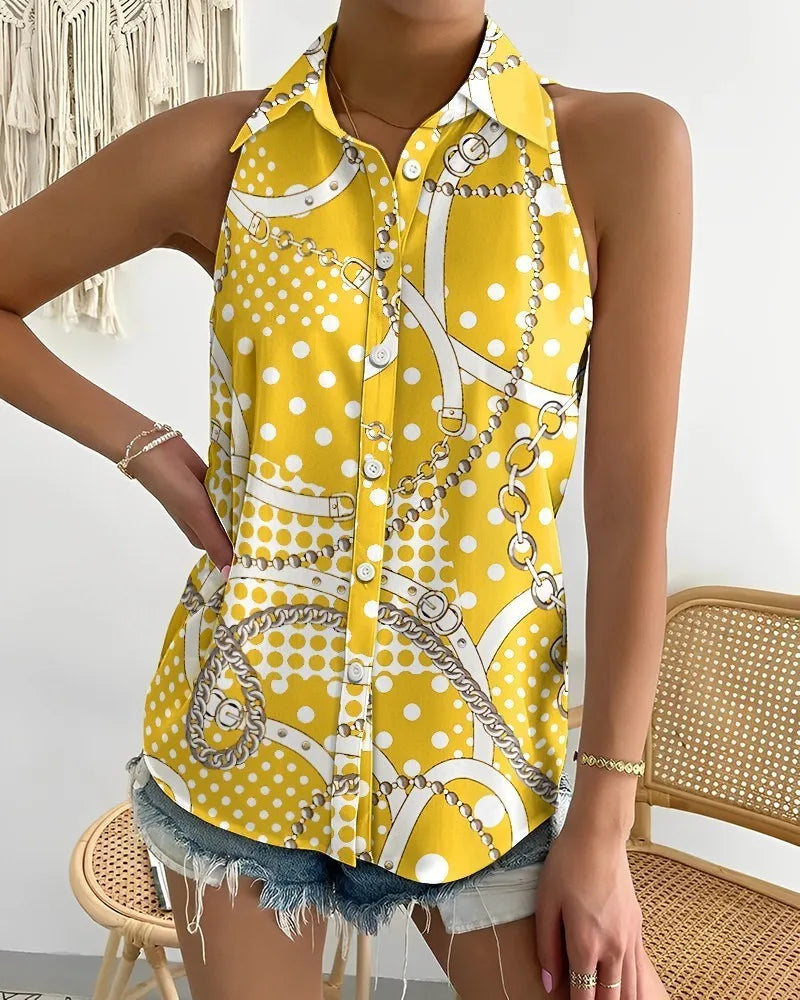 One-Shoulder Sleeveless Abstract Print Shirt – Summer Casual Women’s Top