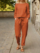 Cotton-Linen O-Neck & Pocket Pants Set