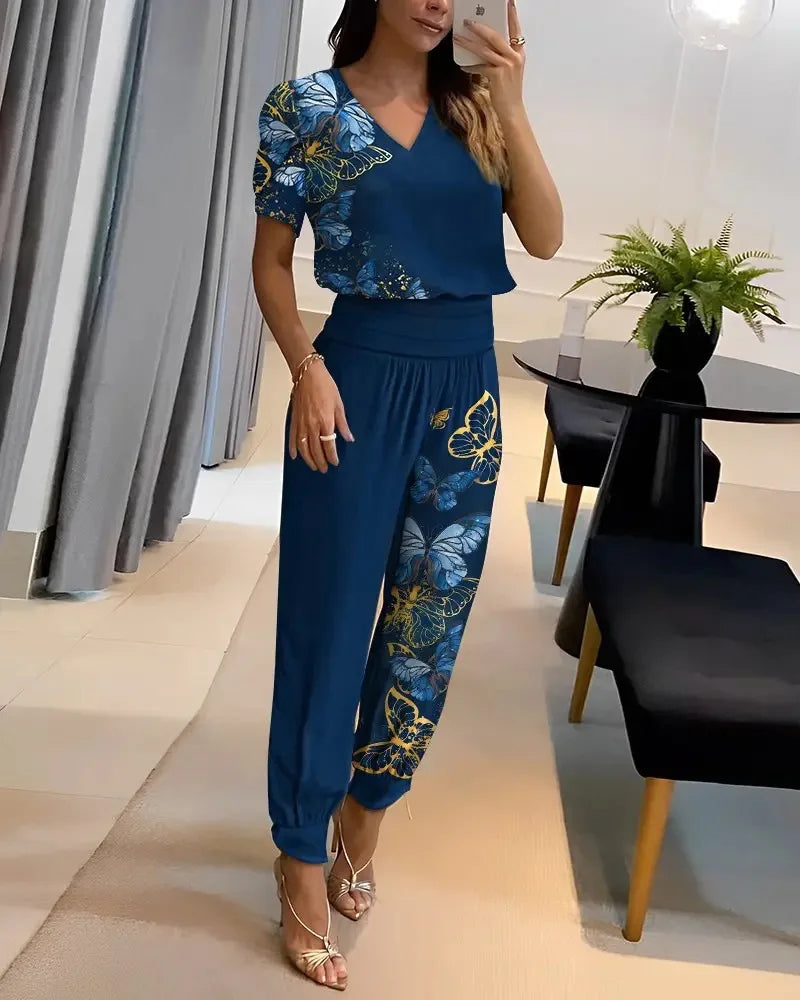 Floral Print V-Neck Tee & Pants Set