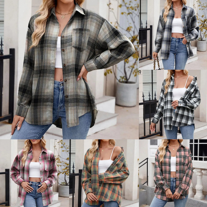 Plaid Cotton-Linen Shirt – Casual Long Sleeve Blouse with Lapel Collar