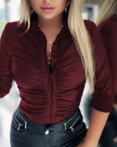 PU Leather Blouse with Ruched Sleeves – Button Down