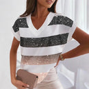 Printed V-Neck Short Sleeve Loose Blouse – Casual Sexy Women’s Tunic Top