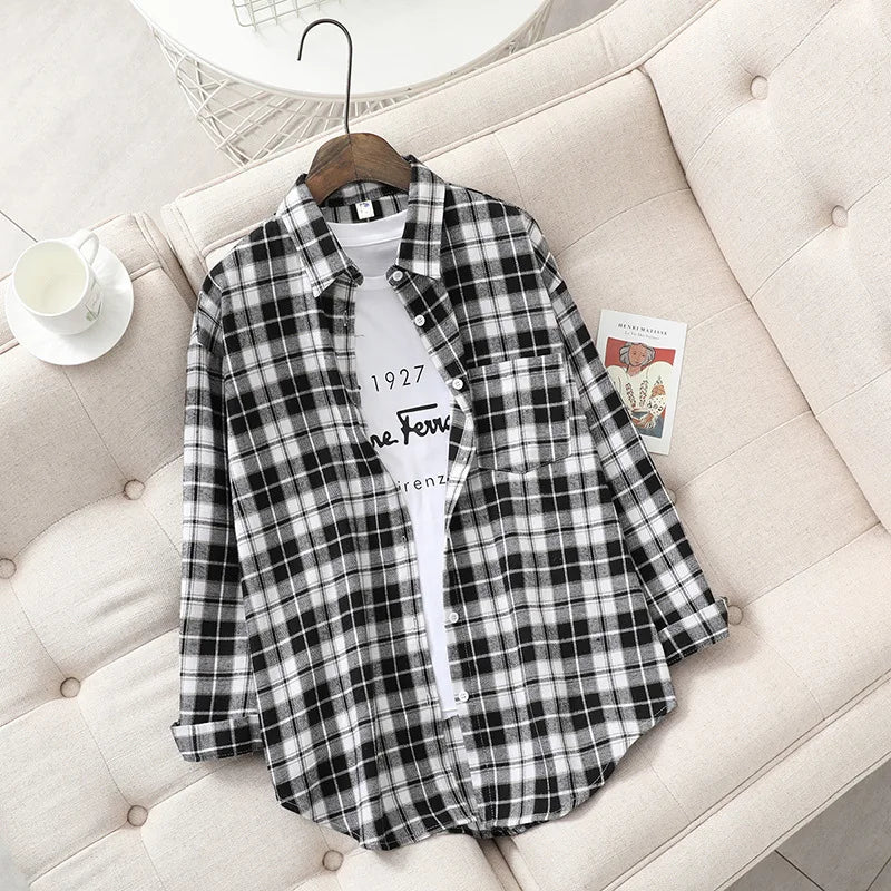 Casual Loose Fit Plaid Flannel Shirt – College Style
