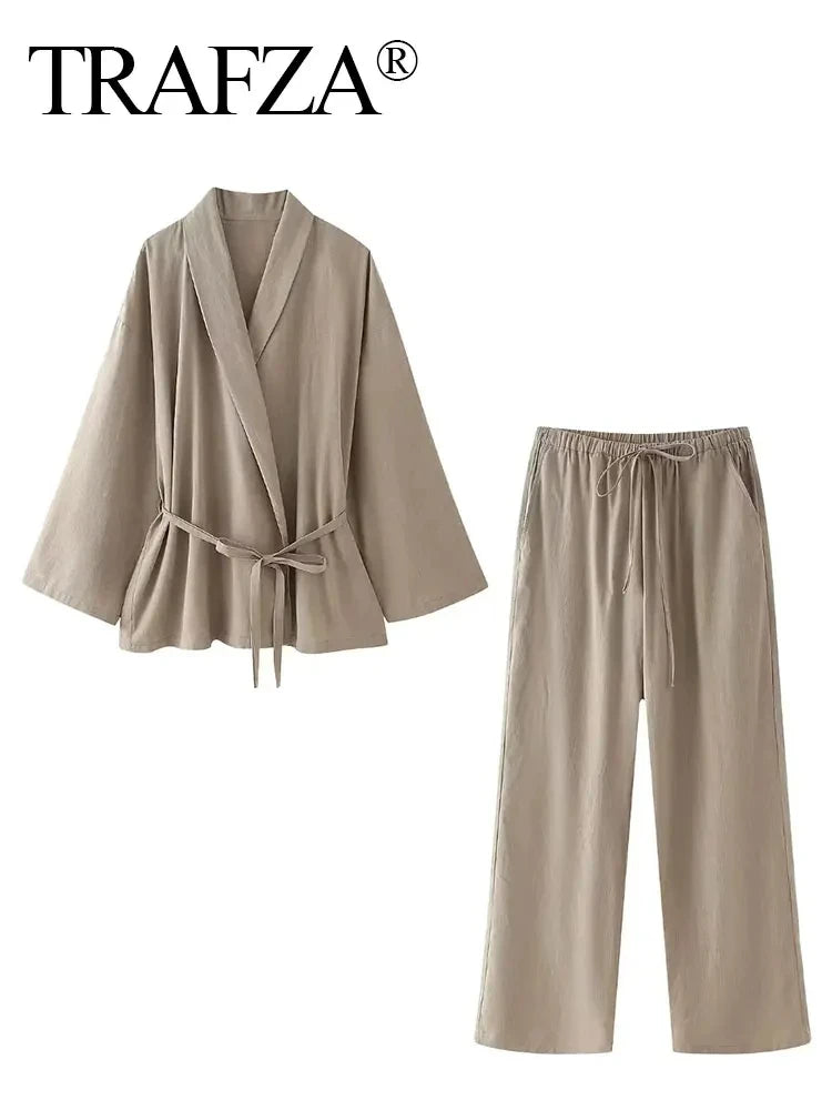 Linen Lace-Up Shirt & Pants Set