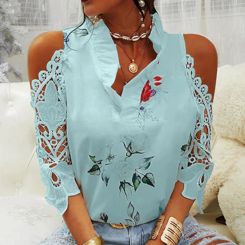 Elegant V-Neck Hollow-Out Lace Blouse – Sexy Short Sleeve Summer Top