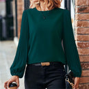 Pleated Round Neck Blouse – Elegant Long Sleeve Office Top