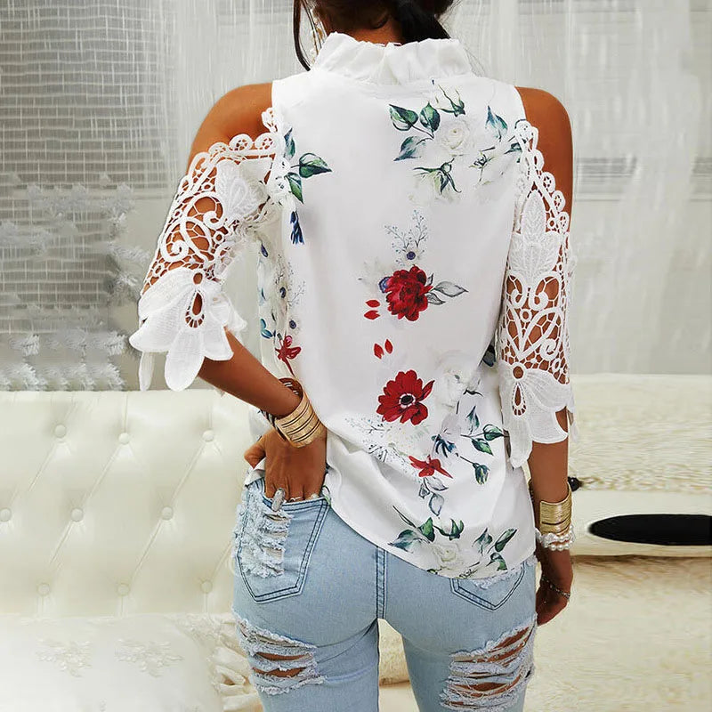 Elegant V-Neck Hollow-Out Lace Blouse – Sexy Short Sleeve Summer Top
