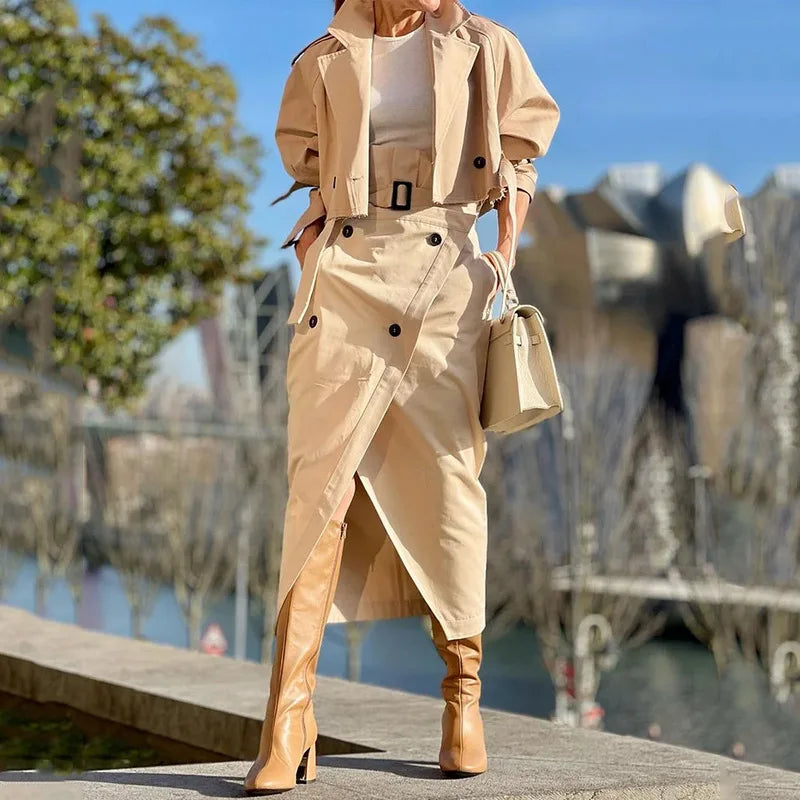 Belted Slit Skirt & Jacket Set