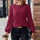 Pleated Round Neck Blouse – Elegant Long Sleeve Office Top