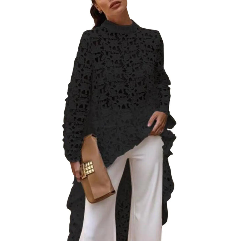 Asymmetrical Lace Blouse – Long Sleeve Guipure Top with Stand Collar