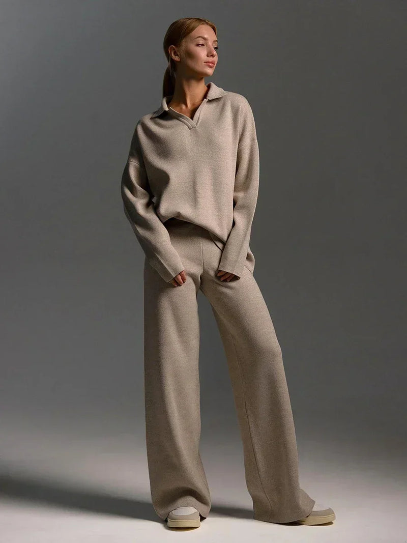 Cozy Knit Polo Sweater & Wide-Leg Set
