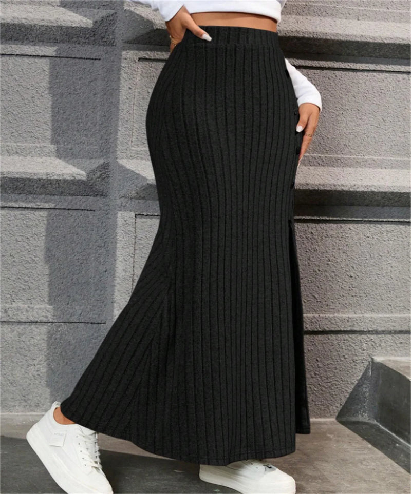Ribbed Split Front Button Skirt – High Waist Casual