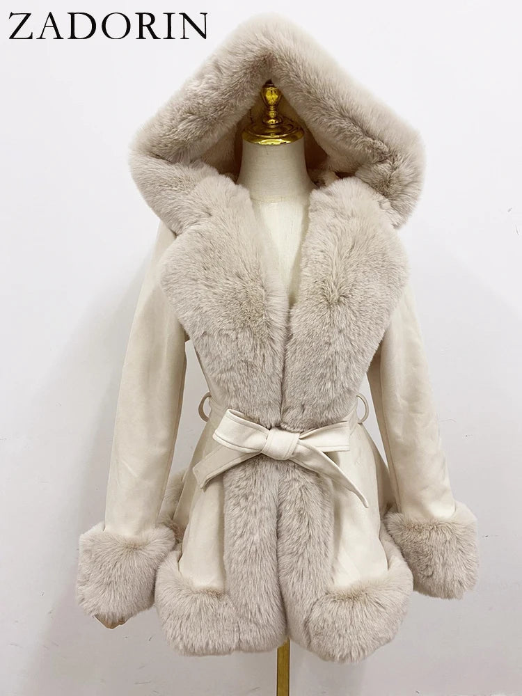 ZADORIN Belted Suede Faux Fur Coat