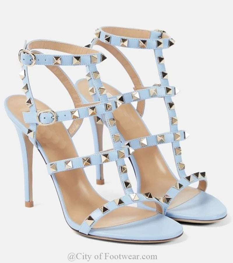 Rockstud Caged Leather Sandals – Colorful High Heel Stilettos