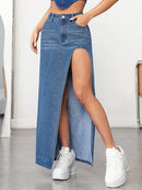 Slant Pocket Whiskered Split Denim Midi Skirt