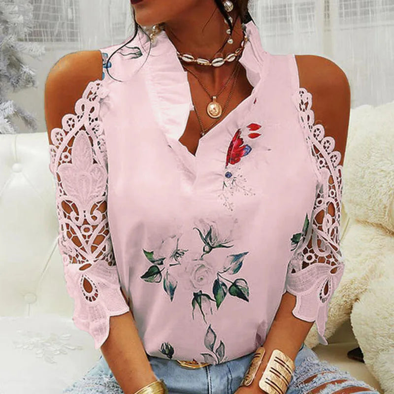 Elegant V-Neck Hollow-Out Lace Blouse – Sexy Short Sleeve Summer Top
