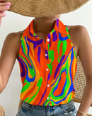 One-Shoulder Sleeveless Abstract Print Shirt – Summer Casual Women’s Top