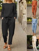 Cotton-Linen O-Neck & Pocket Pants Set