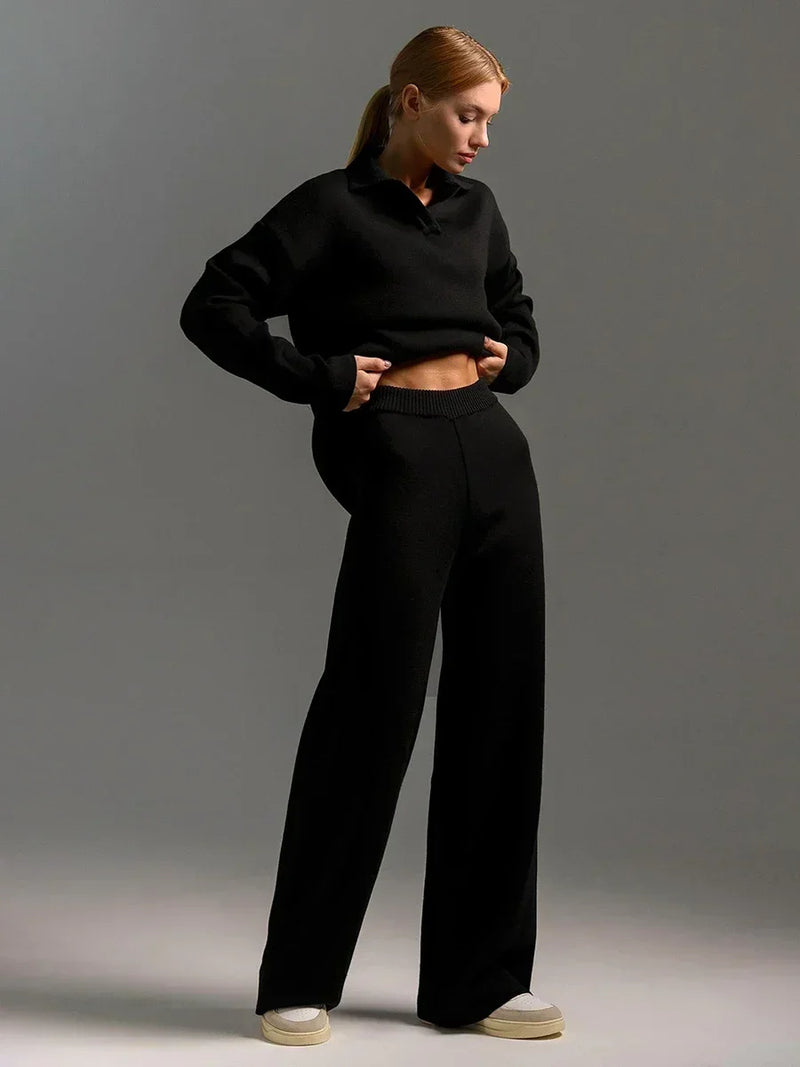 Cozy Knit Polo Sweater & Wide-Leg Set