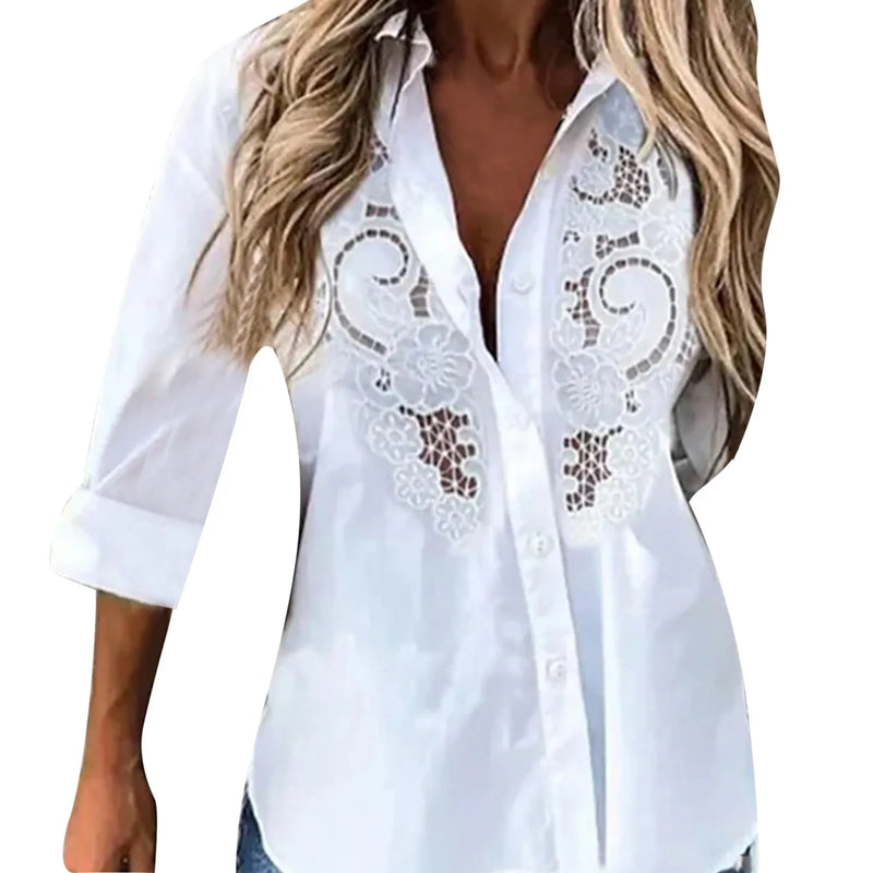 Slim Fit Lace Button-Up Blouse – White Hollow-Out Office Top for Women