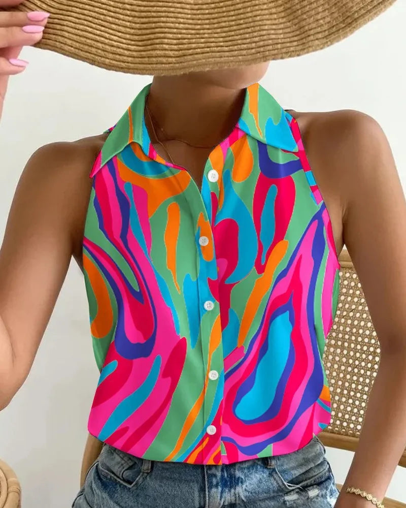 One-Shoulder Sleeveless Abstract Print Shirt – Summer Casual Women’s Top