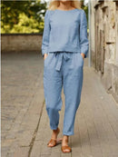 Cotton-Linen O-Neck & Pocket Pants Set