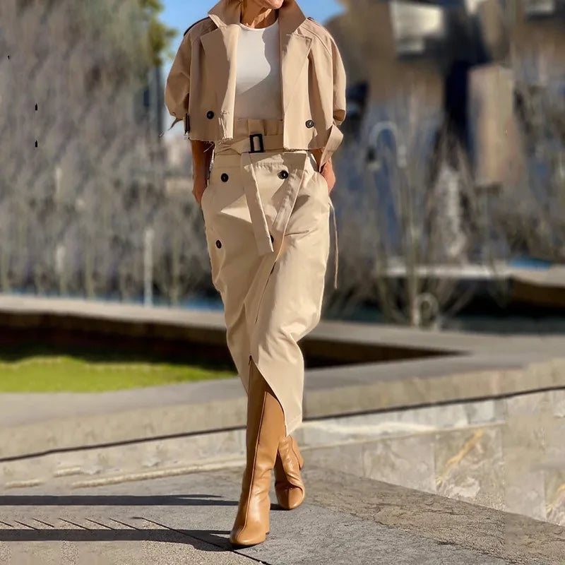Belted Slit Skirt & Jacket Set