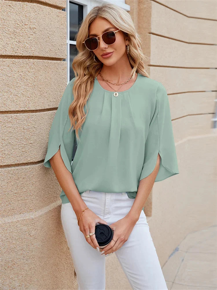 Casual O-Neck Half Sleeve Blouse – Loose Fit Summer Top in Green
