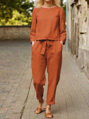 Cotton-Linen O-Neck & Pocket Pants Set