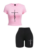 Graphic Line Print Crop Top & Shorts Set