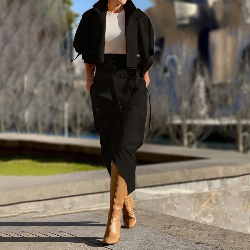 Belted Slit Skirt & Jacket Set