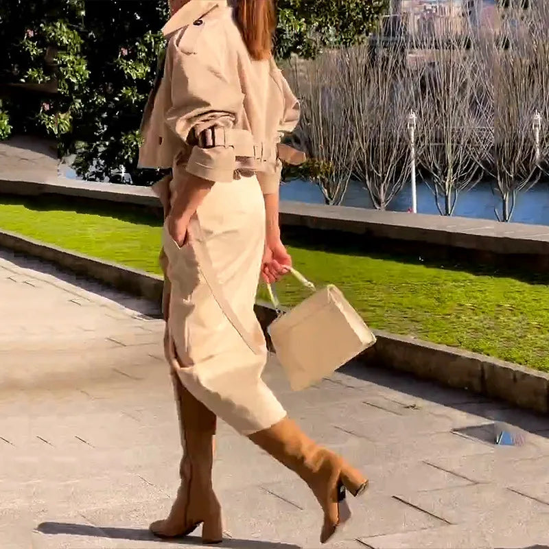 Belted Slit Skirt & Jacket Set