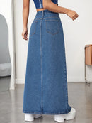 Slant Pocket Whiskered Split Denim Midi Skirt