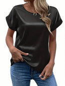 Satin O-Neck Blouse – Casual Short Sleeve Summer Top for Women