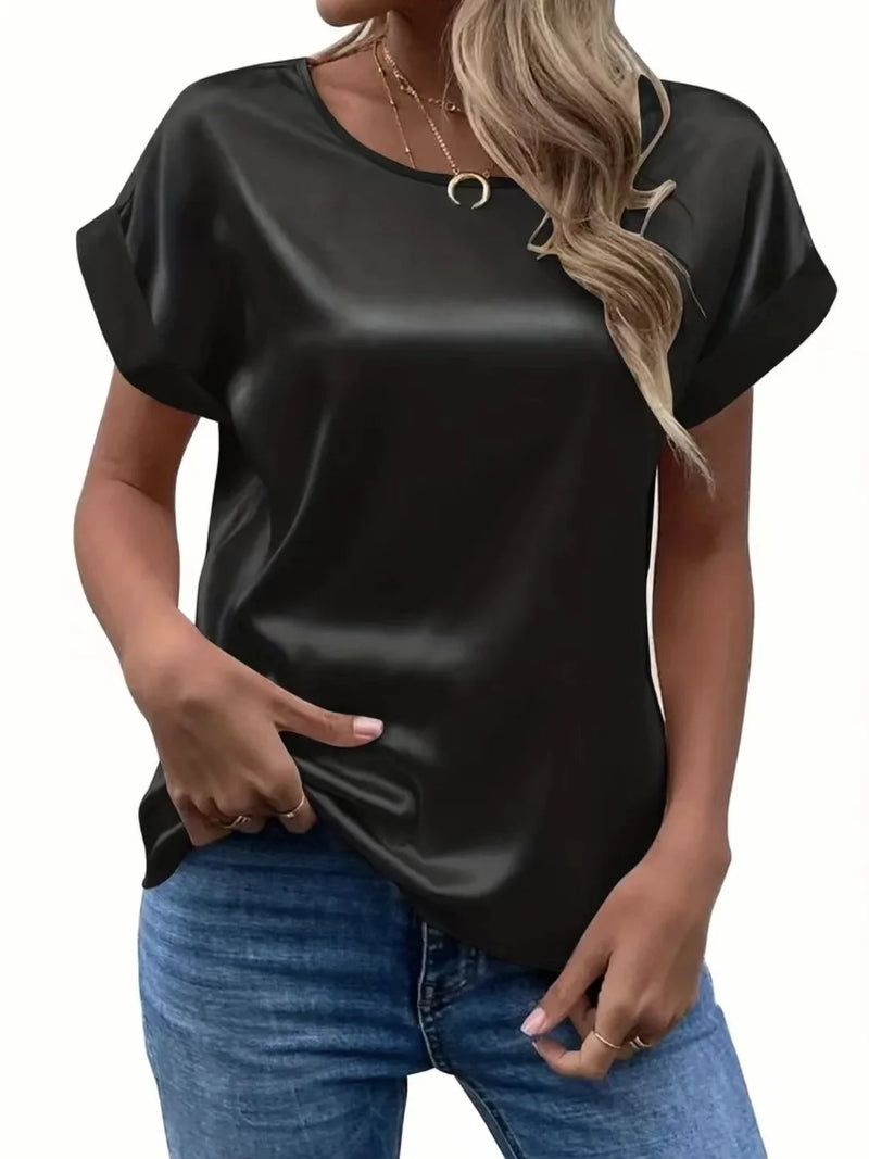 Satin O-Neck Blouse – Casual Short Sleeve Summer Top for Women