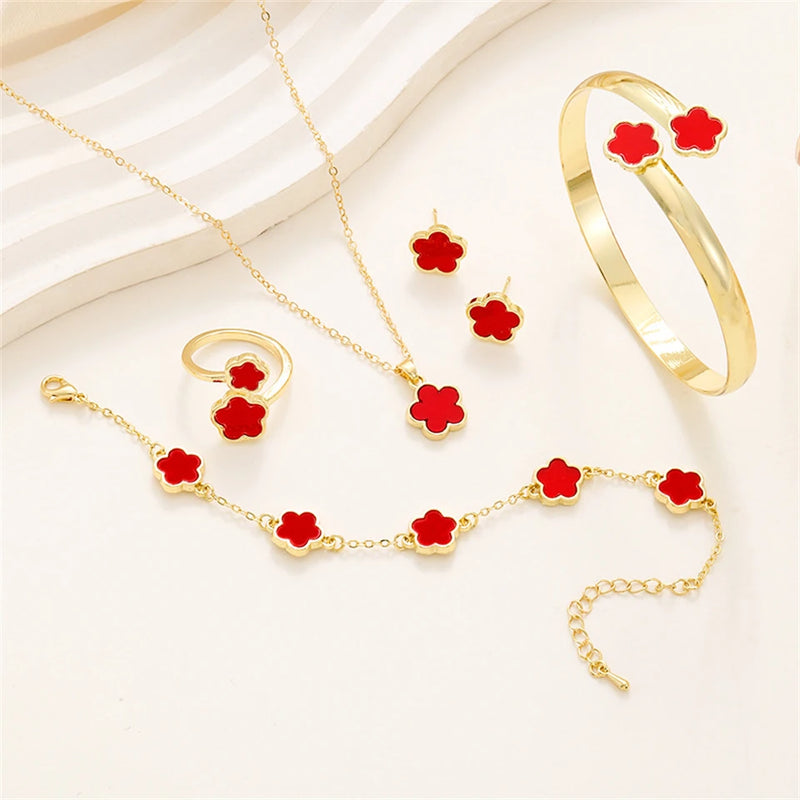 5-Piece Enamel Plum Blossom Jewelry Set – Necklace, Earrings & Bracelet