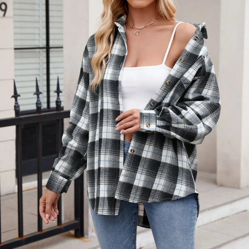 Plaid Cotton-Linen Shirt – Casual Long Sleeve Blouse with Lapel Collar