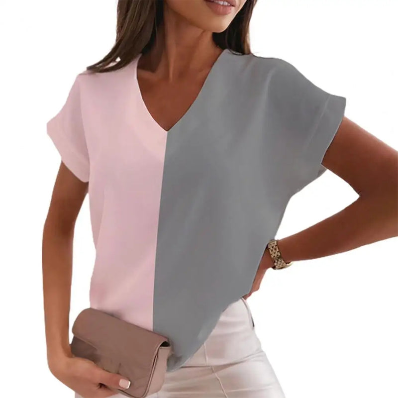 Printed V-Neck Short Sleeve Loose Blouse – Casual Sexy Women’s Tunic Top