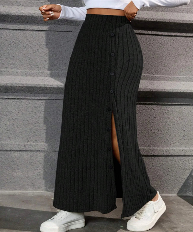 Ribbed Split Front Button Skirt – High Waist Casual