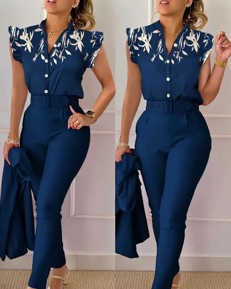 Ruffle Sleeve Blouse & Pant Set