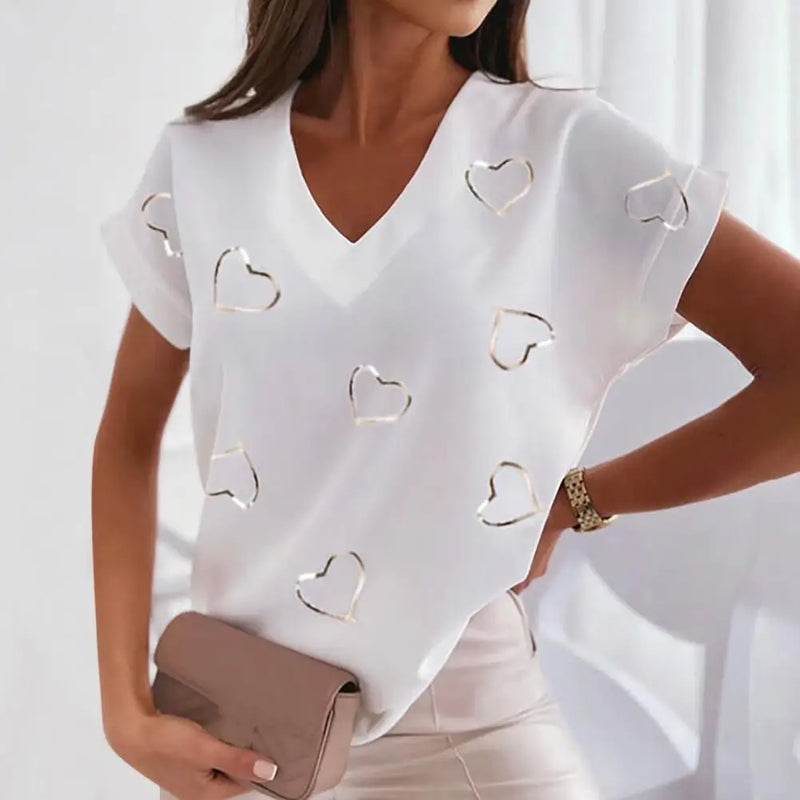 Printed V-Neck Short Sleeve Loose Blouse – Casual Sexy Women’s Tunic Top