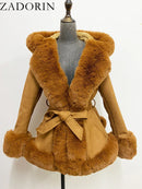 ZADORIN Belted Suede Faux Fur Coat