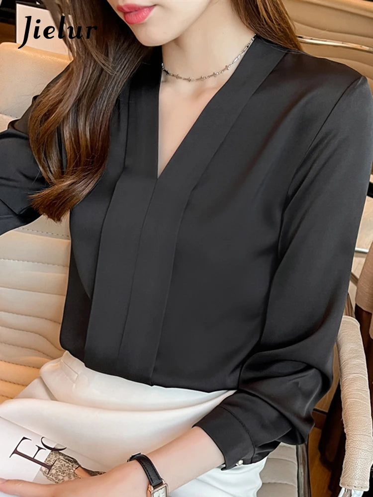 Jielur V-Neck Chiffon Work Blouse