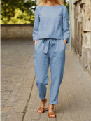 Cotton-Linen O-Neck & Pocket Pants Set