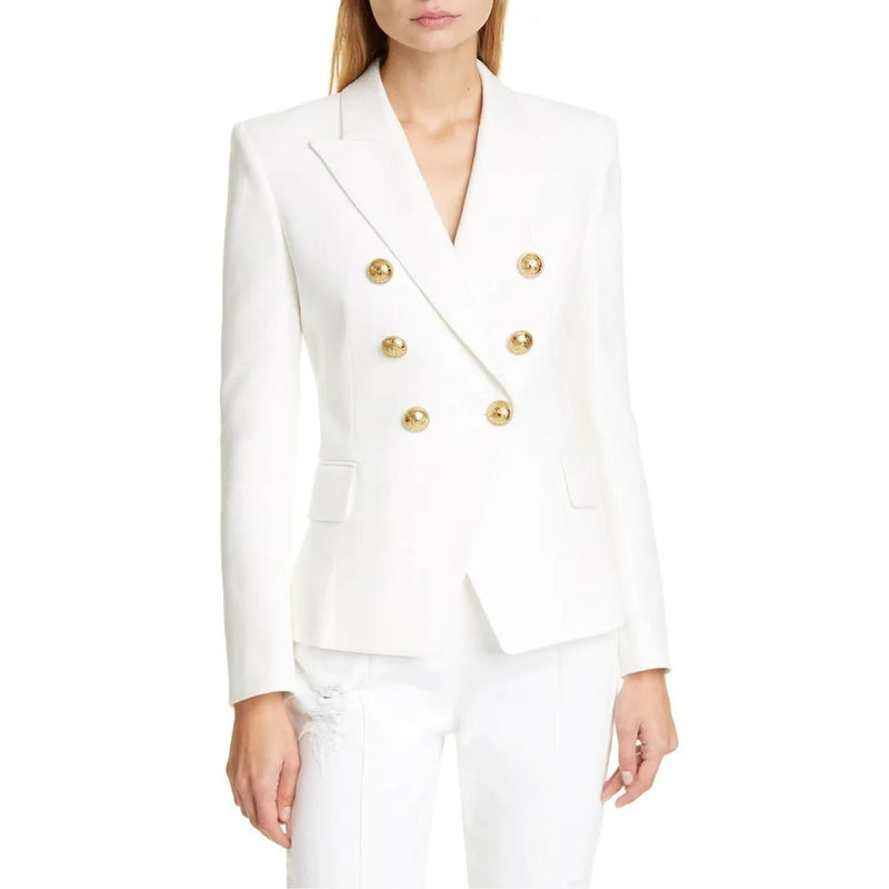 White Plaid Blazer with Metal Button Detail