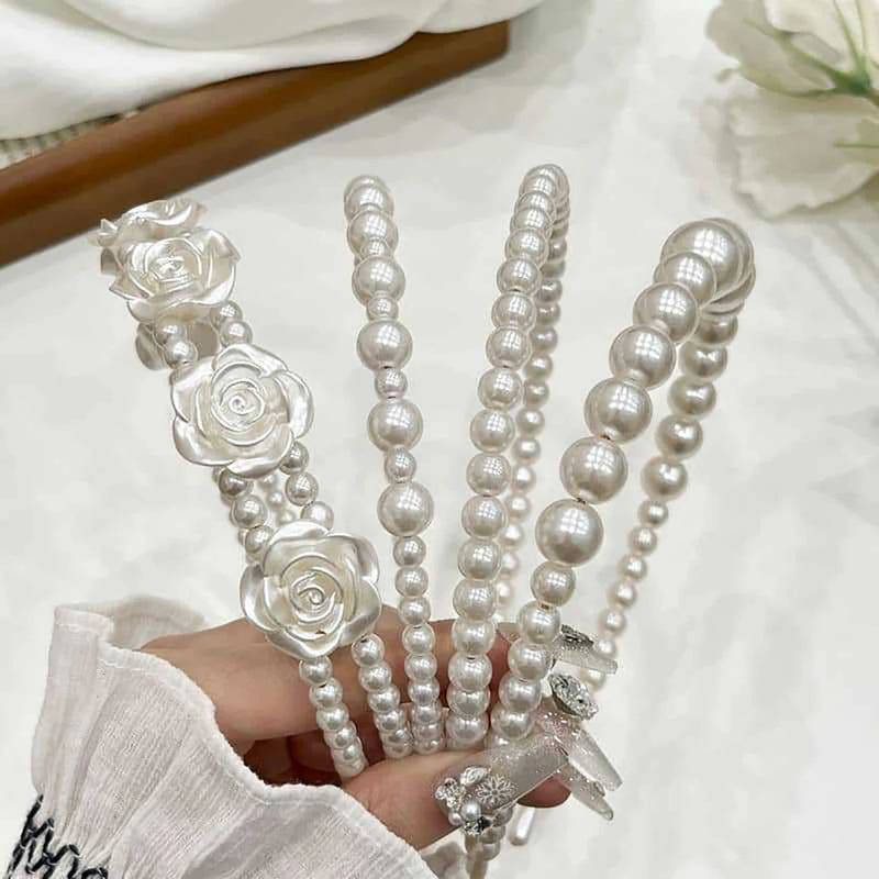 Elegant Simulated Pearl Rose Headband – Retro Handmade Hair Accessory