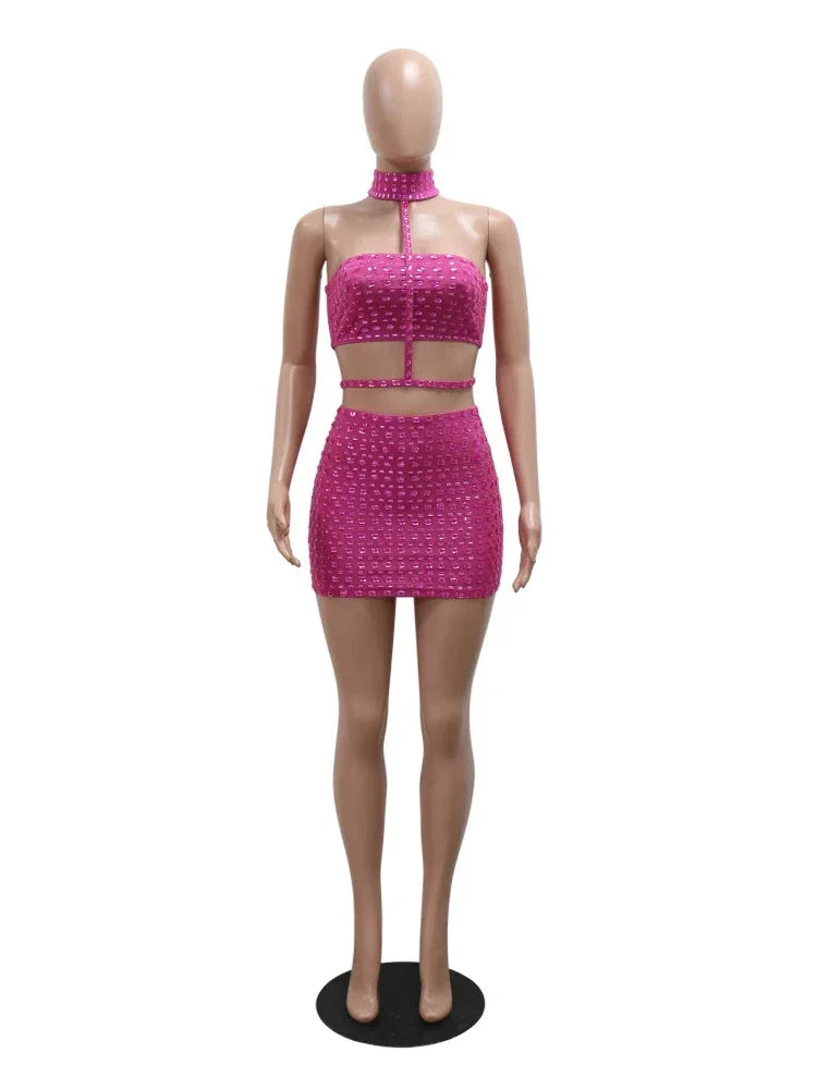 Rhinestone Strapless Mini Skirt Set